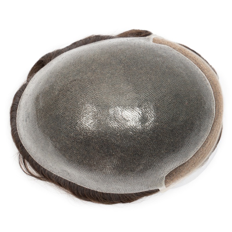 Ominilace:Herren-Haarsystem mit Ominilace-Basis: Unsichtbare Lace-Front, strapazierfähiges PU-Hinterteil.