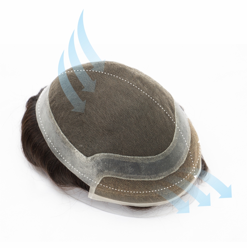 Hollywood-Basis Haarsystem für Herren | Vollständige Spitze in der Mitte mit 1 Zoll (ca. 2,5 cm) dünner Haut rundherum und 1/2 Zoll (ca. 1,3 cm) Spitze vorne | Hollywood-Stil