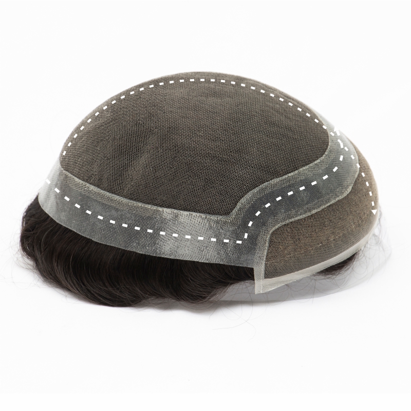 Hollywood-Basis Haarsystem für Herren | Vollständige Spitze in der Mitte mit 1 Zoll (ca. 2,5 cm) dünner Haut rundherum und 1/2 Zoll (ca. 1,3 cm) Spitze vorne | Hollywood-Stil